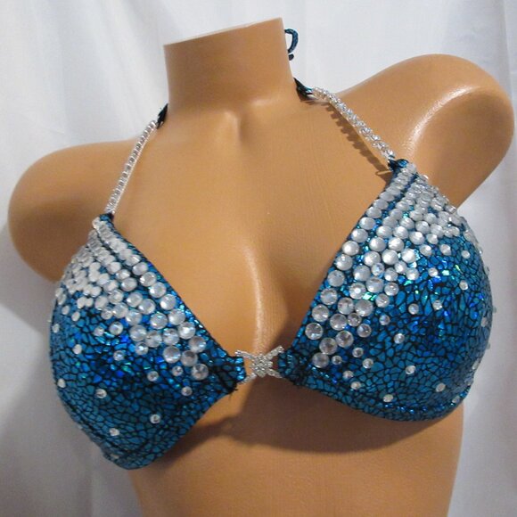 NPC COMPETITION BIKINI POSING SUIT TEAL HOLOGRAM CUP brand new never worn - Picture 3 of 4